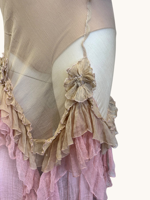 Laine, bias cut silk chiffon and pink dyed handkerchief dress with rosettes