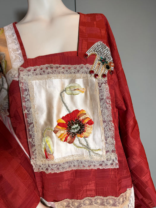 Tales, 40s a Japanese silk damask burnt orange kimono jacket with Victorian floral and lace motifs