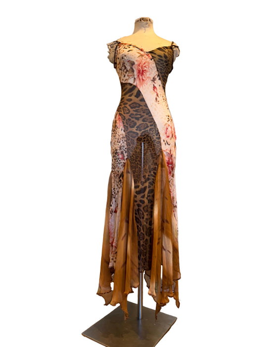 Dorsey, 90s mixed print bias cut dress with handkerchief hemline