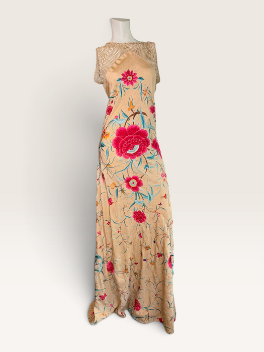 Bailey, reworked bias cut floral embroidered piano shawl dress