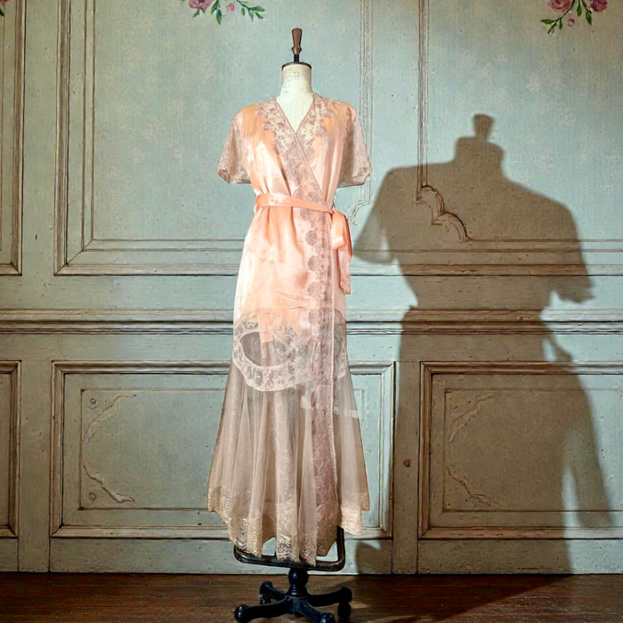 Patina, 30s peach silk and lace tulle belted wrap over dress/robe