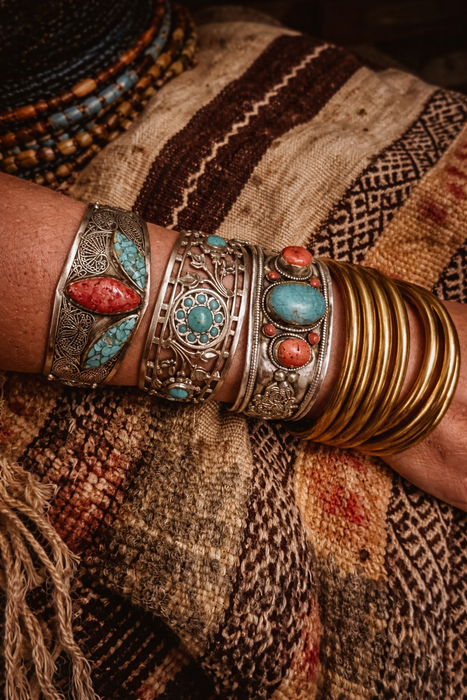 Layla, antique silver Native American turquoise and coral cuff