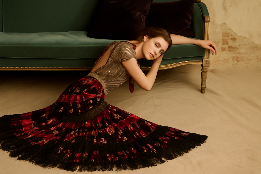 Melo, reworked 20s Assuit, velevet and fringed dress