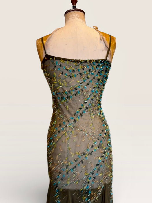 Tory, 90s beaded kaki green bias cut chiffon handkerchief dress