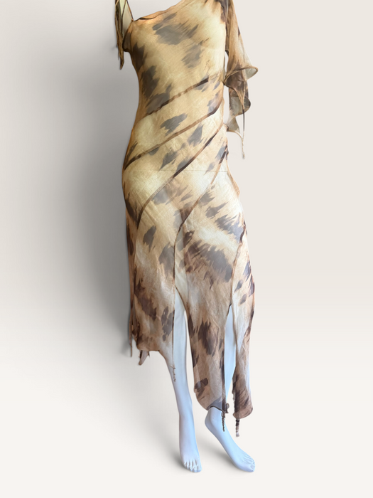 Sirena, 90s bias cut animal print silk chiffon dress