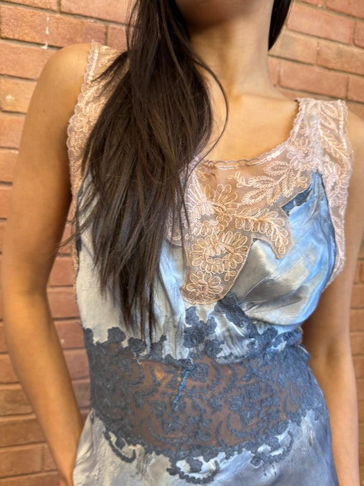 Azure, 20s bias cut hand dyed dress with lace detail