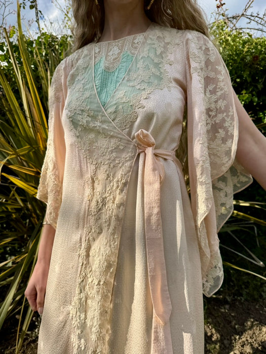 Constance, 20s pink damask silk and lace robe