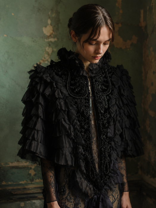 Elma, Victorian black silk ruffled cape with velour jet beaded collar