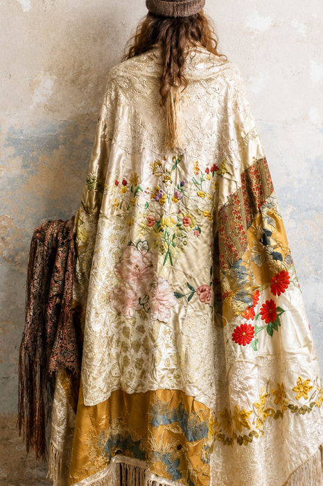 Donna, Reworked 40s Kashmiri embroidered patchwork fringed cape