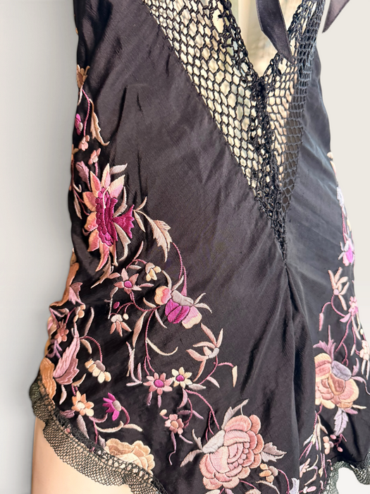 Cody, reworked 1940s black silk embroidered piano shall mini dress