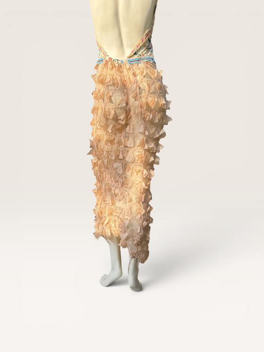 Kali, reworked embroidered piano shawl dress with brass choker and 20s sheered metallic skirt
