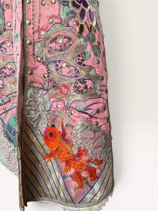 Adage, 19thC pink silk embroidered Chinese long waistcoat with feather collar