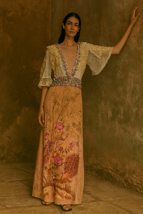 Aurora, reworked 18th C embroidered and lace dress