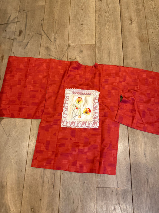 Tales, 40s a Japanese silk damask burnt orange kimono jacket with Victorian floral and lace motifs