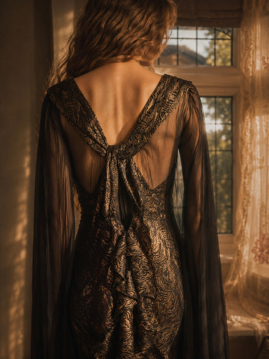 Freja, 1930s black and gold lamé gown with chiffon angel sleeves