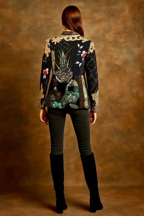 Eros, reworked patchwork and beaded 70s single breasted blazer