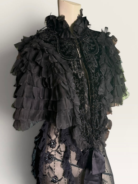 Elma, Victorian black silk ruffled cape with velour jet beaded collar