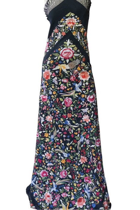 Avens, 40s reworked floral embroidered fringed scarf dress