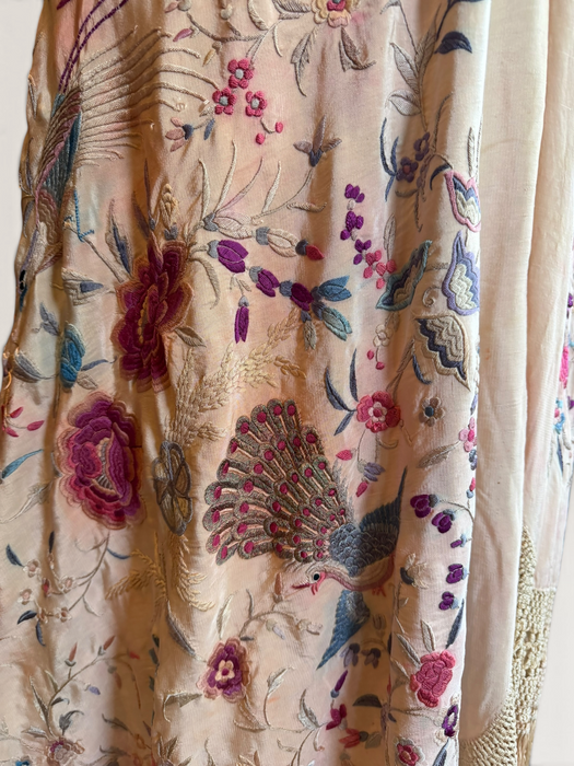 Daria, reworked bias cut cream piano shawl embroidered fringed dress