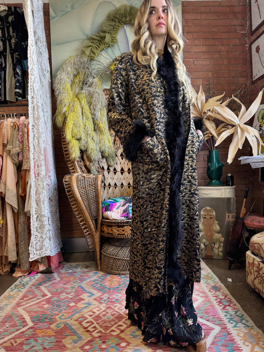 Colette, 30s lack and gold print robe with feather hem