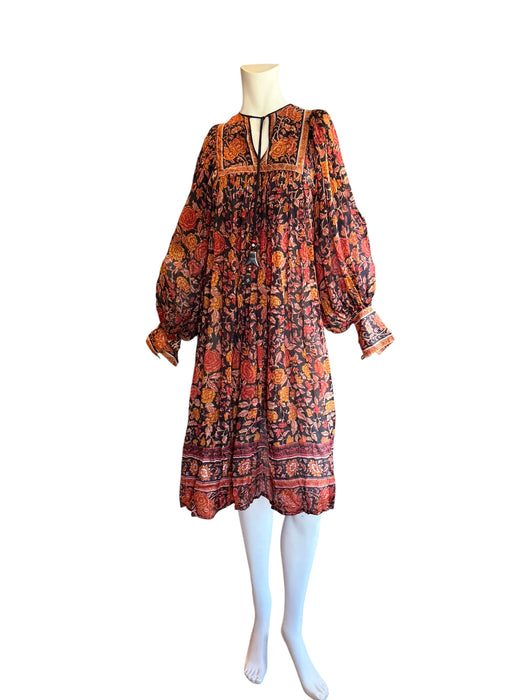 Anchor, 70s silk Indian block print balloon sleeves belted dress