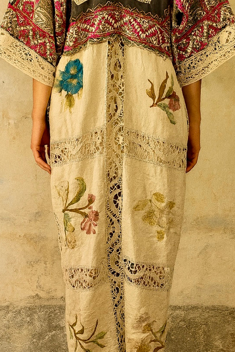 Hermione, reworked antique Rhajastani embroidered top and Victorian embroidered lace coat