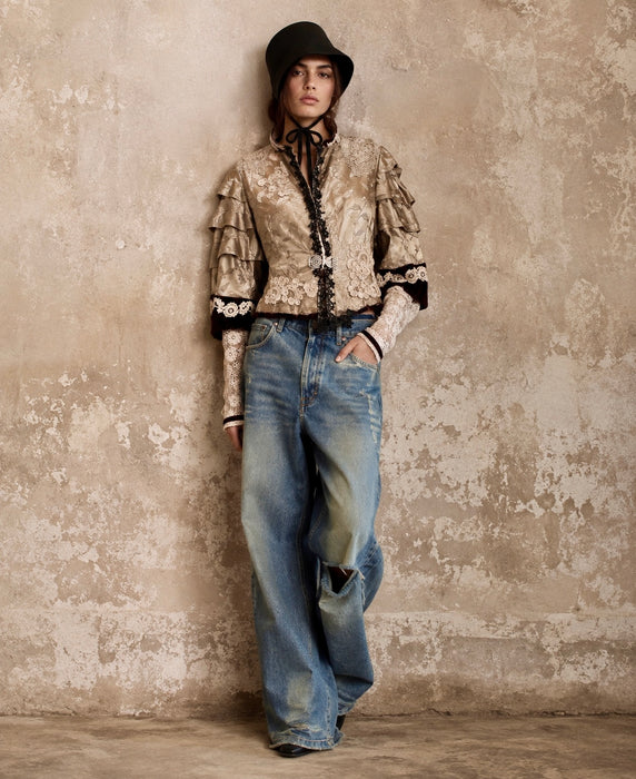 Carlotta, reworked Victorian silk damask and lace boned beaded jacket