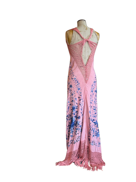 Lali, reworked 40s pink and blue fringed piano shawl embroidered dress