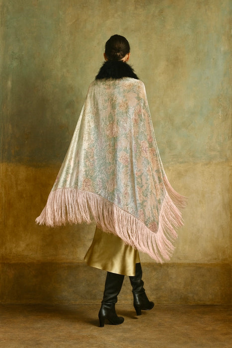 Wilma, 20s floral fringed velour cape with black feather collar and tie