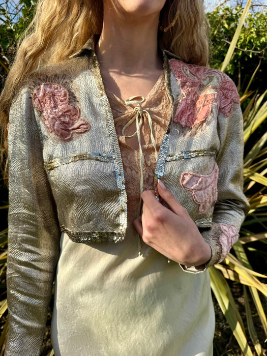 Cassius, 20s silver lamé jacket with pink velour appliqués