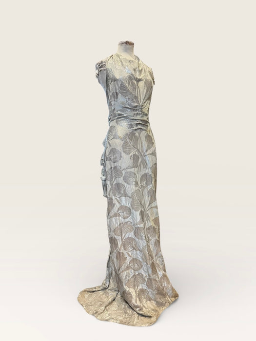 Monica, 20s silver floral lamé dress with bustle train