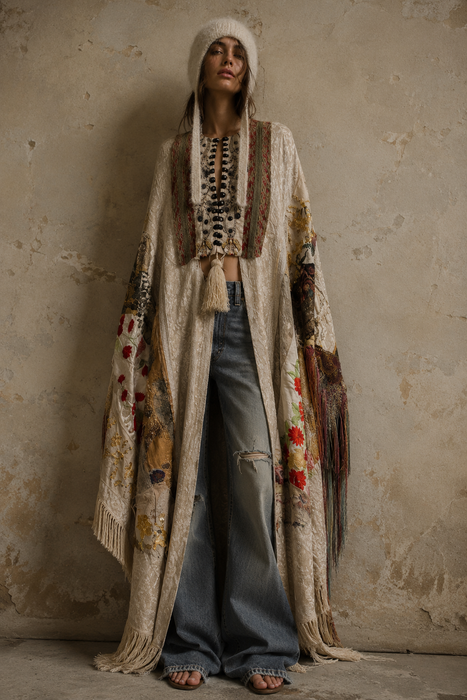 Donna, Reworked 40s Kashmiri embroidered patchwork fringed cape