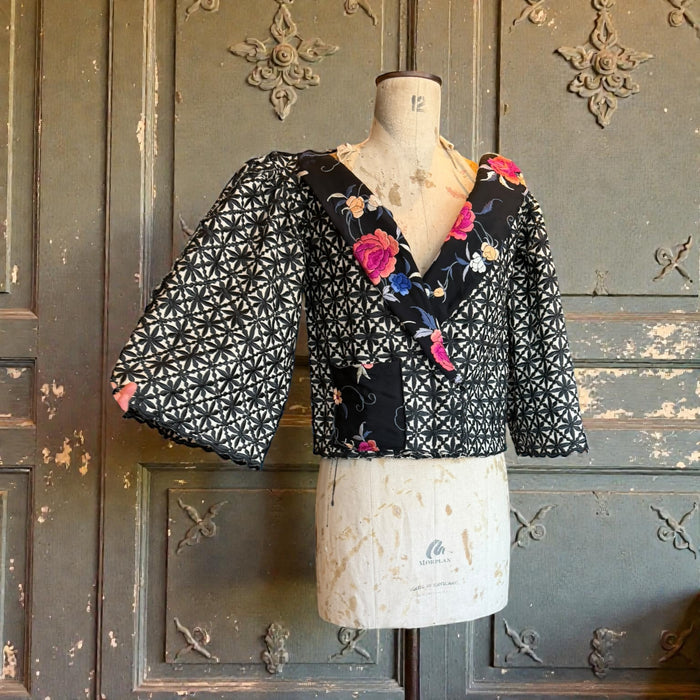 Jade, reworked vintage silk floral jacket with flare sleeves