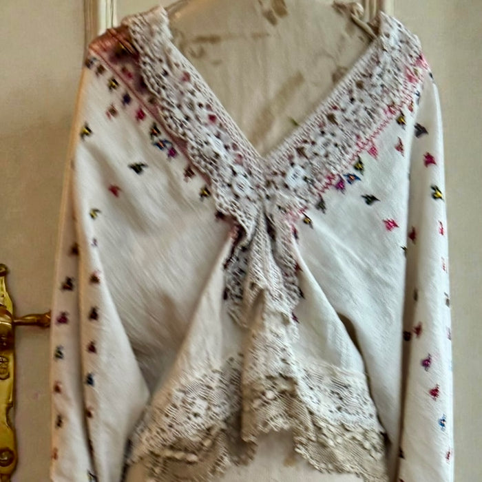 Claude, reworked antique Romanian embroidered and lace blouse