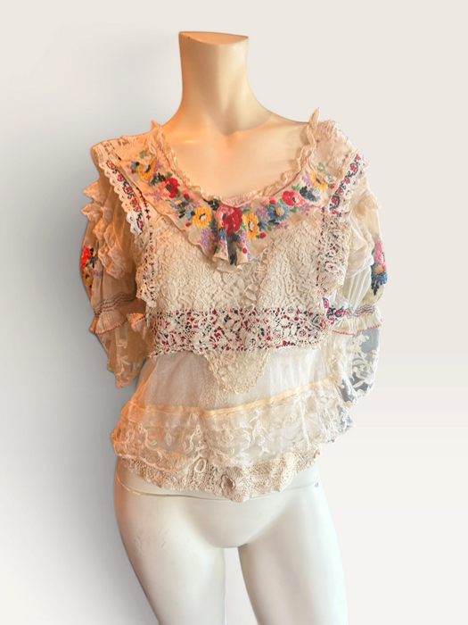Paulina, reworked antique lace blouse with Romanian silk embroidered sleeves and collar