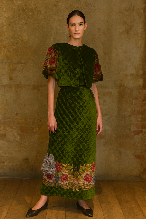 Olivia, reworked Edwardian olive green floral velour skirt and jacket