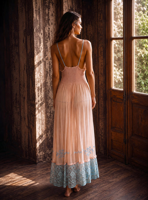 Estelle, 1930s pink and blue silk and lace smocked dress