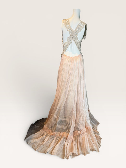 Rosa, reworked Victorian tape-work cream top and pink organza tiered skirt