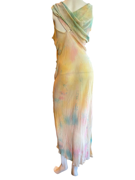 Aline, hand dyed 30s silk bias cut dress with attached belt/cape