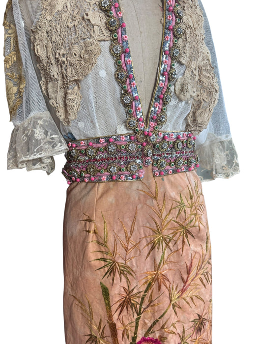 Aurora, reworked 18th C embroidered and lace dress