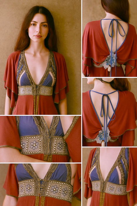 Maude, 70s jersey embroidered tiered dress