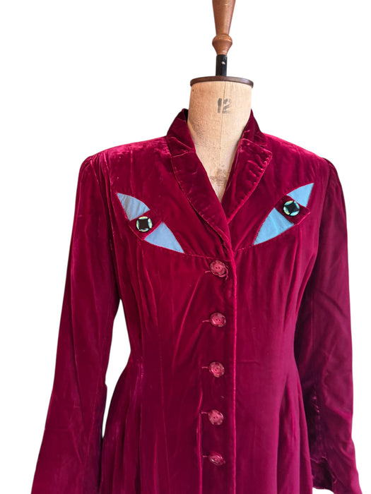 Michéle Pernetta, 80s burgundy velour cat eye long coat