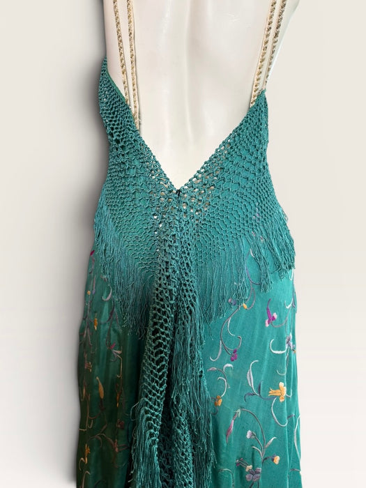 Dora, reworked 1940s silk embroidered fringed piano shawl dress
