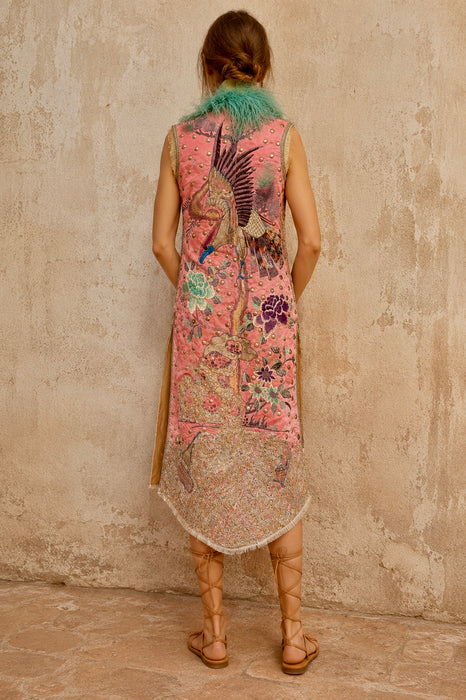Adage, 19thC pink silk embroidered Chinese long waistcoat with feather collar