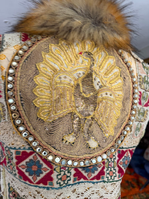 Chiara, 19th C Greek hand woven embroidered waistcoat with a faux fur collar and beaded side pocket