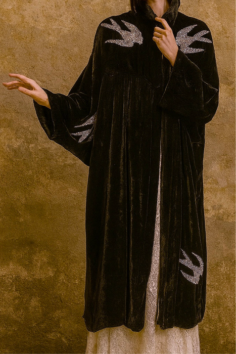 Edna, Art Deco beaded swans silk velour coat