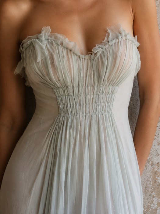 J Mendel, duck egg blue, chiffon draped corseted dress