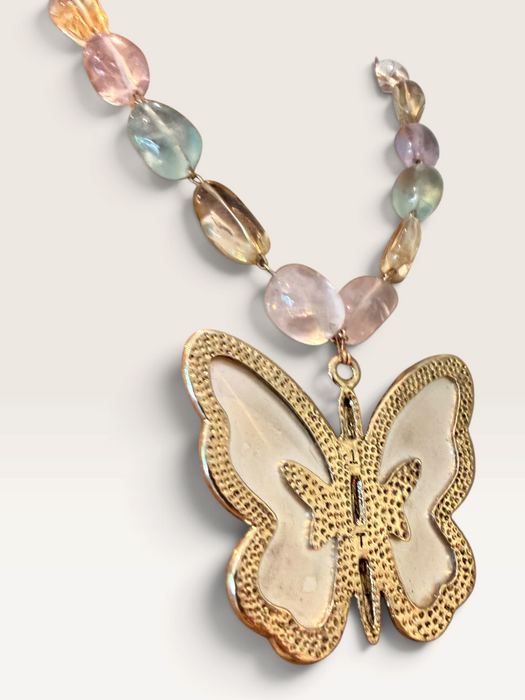 Jasmir, reworked pearlised vintage butterfly necklace with pastel crystals