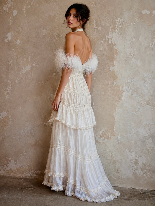 Bodie, vintage white ostrich feather and Victorian silk ruffle skirt