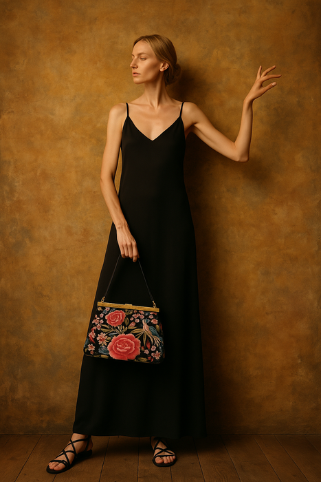 Virginia, original 40s embroidered floral handbag with brass etched cage